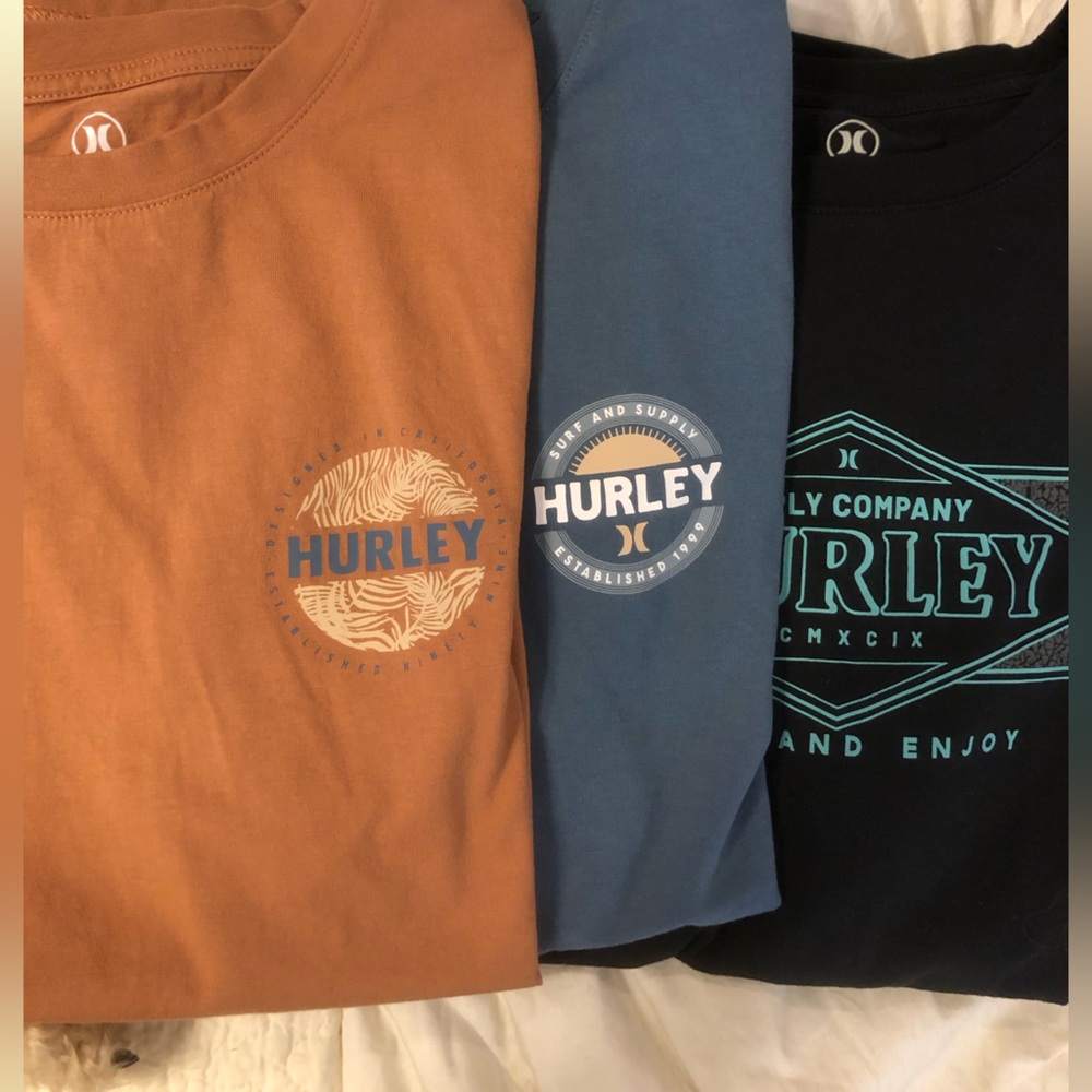 Hurley Short-Sleeve Graphic Tees in Rust, Blue, and Black